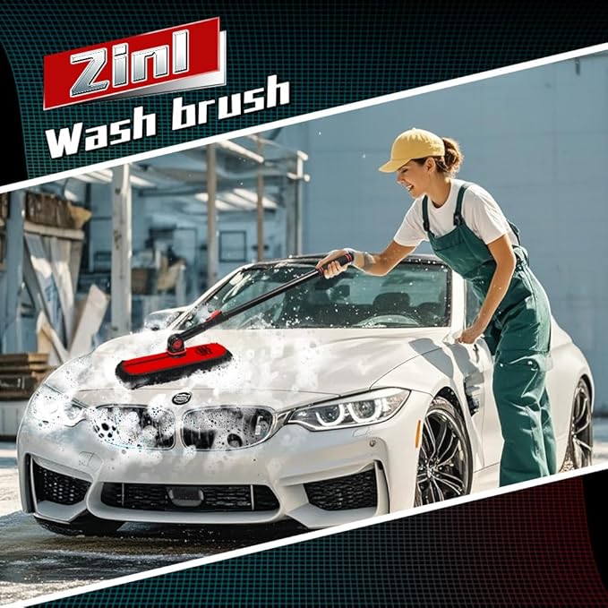 2In1|2MOPS(Car Wash Brush Mop*1 & Car Duster Mop*1) with 1 Long Handle|Microfiber Car Brushes for Washing Exterior,Car Wash Accessories Scratch Free,Car Wash Mop for Rv Truck Boat