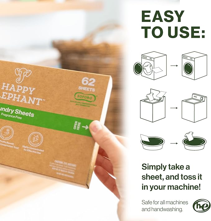 Happy Elephant Laundry Detergent Sheets, Fragrance Free, Natural Biodegradable Laundry Sheets, Plant Based, Tough on Stains, Gentle on Skin, Compatible with HE & Any Washing Machine, 62 Sheet, 1 Pack