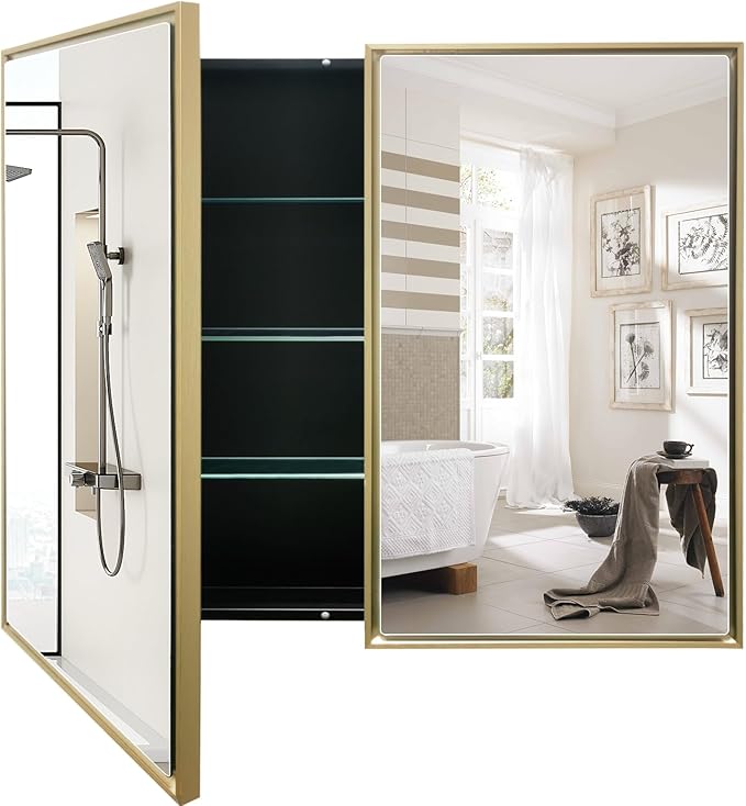 Medicine Cabinet with Aluminum Framed Mirror,36"x32" Surface Mount or Recessed Mount Bathroom Vanity Mirror,Single Door Bathroom Mirror with Storage Cabinet