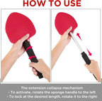 TAKAVU Windshield Window Cleaner Tool, Extendable Long-Reach Handle, Unique Pivoting Triangular Head, 3 Washable Reusable Microfiber Bonnets, Car & Home Inside Interior Exterior Use - Lint Free (Red)