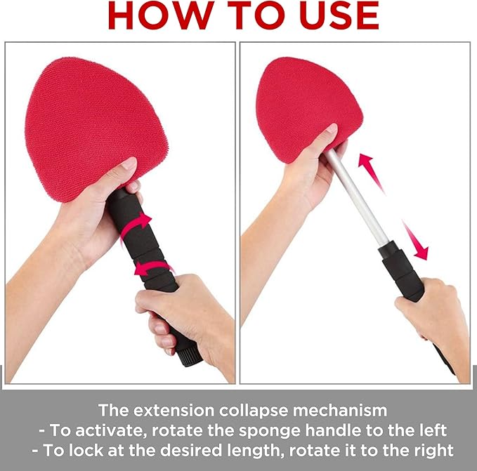 TAKAVU Windshield Window Cleaner Tool, Extendable Long-Reach Handle, Unique Pivoting Triangular Head, 3 Washable Reusable Microfiber Bonnets, Car & Home Inside Interior Exterior Use - Lint Free (Red)