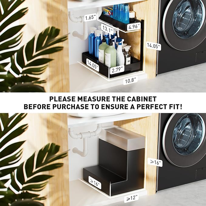 Metal Under Sink Organizers and Storage, 2 Pack Under Bathroom Sink Organizer, 2 Tier Pull out Cabinet Organizer, Adjustable Under Sink Organizer, Under Sink Storage for Bathroom, Black