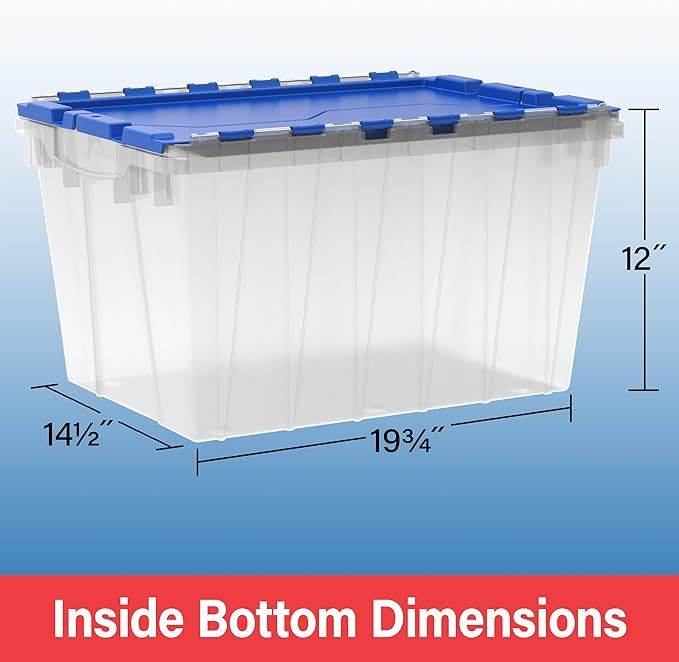 Akro-Mils KeepBox 12 Gallon Storage Container, Nesting and Stackable Plastic Storage Box with Lid Attached, Clear Tote for Garages, Closets, and Moving, 21-1/2" x 15" x 12-1/2", Clear/Blue, 6-Pack