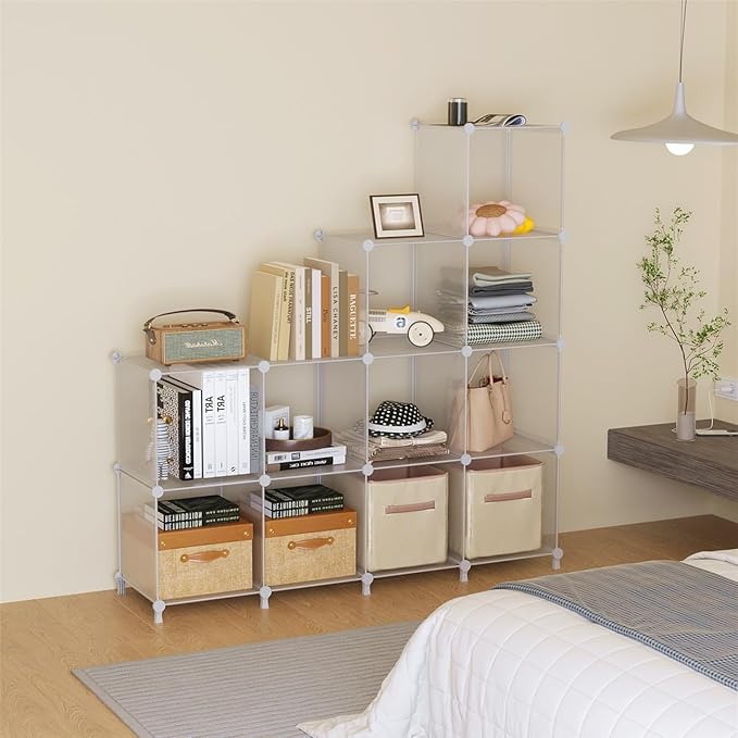 AWTATOS Cube Storage Organizer, Closet Organizers and Storage, 12 Cube Shelves Bookshelf, DIY Stackable Plastic Clothes Organizer Shelving for Bedroom, Home, Transparent Twill