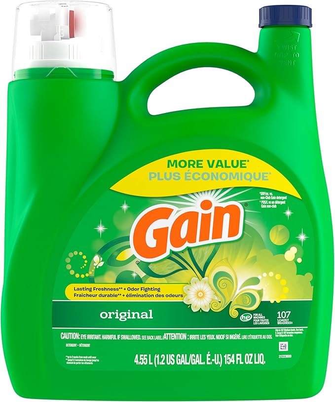 Gain Liquid Laundry Detergent, Original Scent, 154 fl oz, 107 loads, Freshness + Odor Fighting, High efficiency washing machine iquid cleaning soap