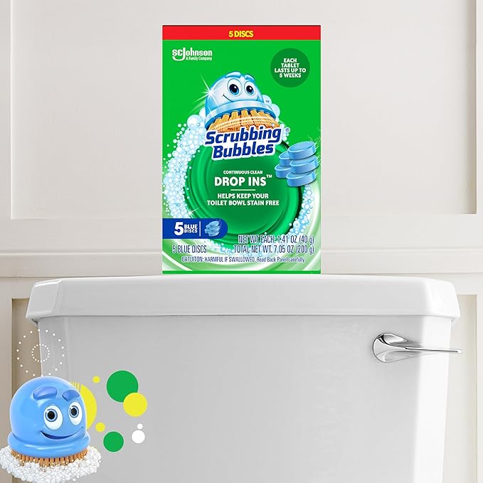 Scrubbing Bubbles Continuous Clean Toilet Drop-Ins, Automatic Blue Toilet Bowl Cleaner, Septic-Safe Tank Tablets Remove Hard Water Minerals & Limescale, Stain & Smell Protection, 5 Count (Pack of 6)