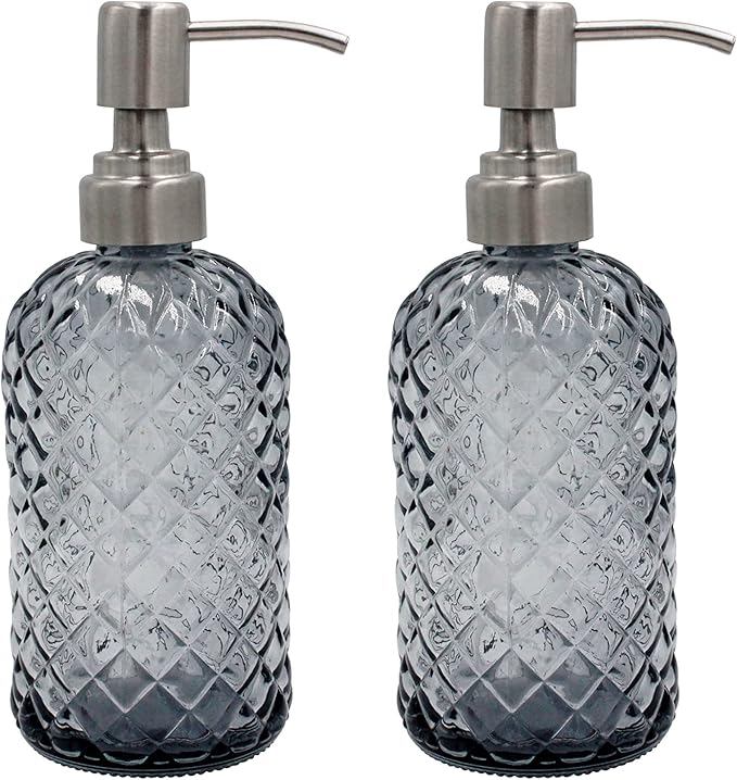 16 oz Diamond Pattern Glass Soap Dispenser, Kitchen and Bathroom Refillable Soap Dispenser with Rust Resistant Stainless Steel Pump for Hand Soap, Lotion Glass Liquid Dispenser(Grey-2pack)