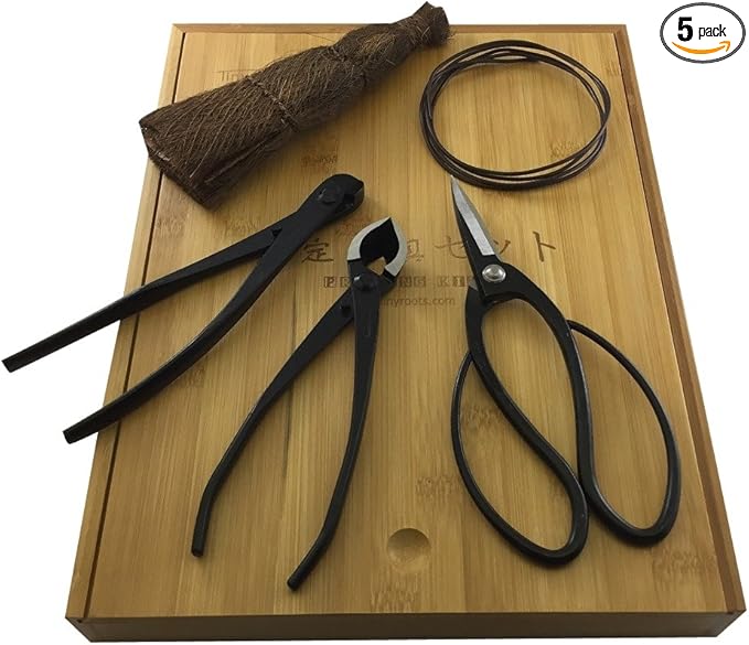 Tinyroots Bonsai Tools Kit, 5-Piece Set Includes: Traditional Butterfly Shaped Bonsai Shears, Concave Cutter, Wire Cutter, Genuine Hemp Broom, 2mm Bonsai Wire & Bamboo Storage Case