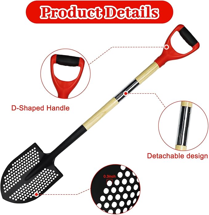 Upgrade Sifting Shovel - 50" Long Sand Sifter Shovel with Hole for Chicken Coop,Mud & Beach Fun, Heavy Duty Rock Sifter, Chicken Poop Scooper for Sand with Ergonomic D-Grip Handle