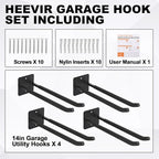 14 Inches Extra Large Garage Hooks, 4Pcs Heavy Duty Garage Wall Mount Organizer, Tool Hanger Long Utility Storage Hooks for Hanging Tire, Chair, Ladder, Garden Tools, Strollers and More