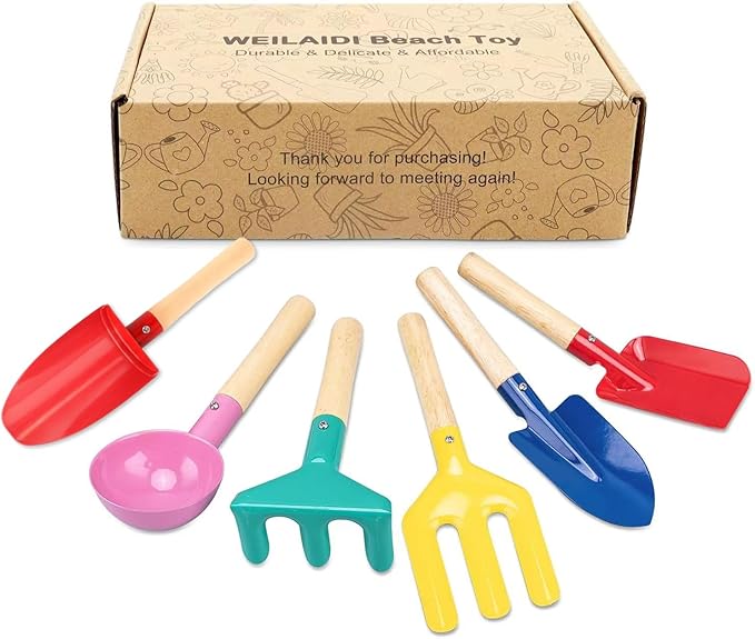 Beach Toys, 6 Pcs Children Beach Sand Toys, 8'' Kids Gardening Set Metal Garden Tools with Sturdy Wooden Handle,Safe Kids Shovel with Cylinder, Spoon, Fork, Rake, Flat Shovel & Pointed Shovel