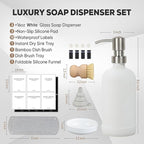 Kitchen Soap Dispenser Set with Instant Dry Tray,16 Oz Hand and Dish Soap White Glass Dispenser Set,Stainless Steel Pump,Waterproof Labels&Dish Brush,Luxury Soap Bottle for Kitchen,Bathroom