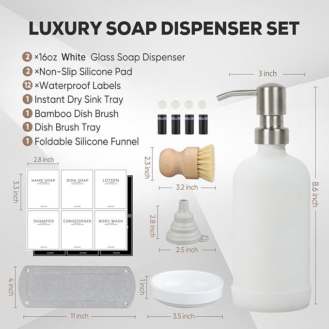 Kitchen Soap Dispenser Set with Instant Dry Tray,16 Oz Hand and Dish Soap White Glass Dispenser Set,Stainless Steel Pump,Waterproof Labels&Dish Brush,Luxury Soap Bottle for Kitchen,Bathroom