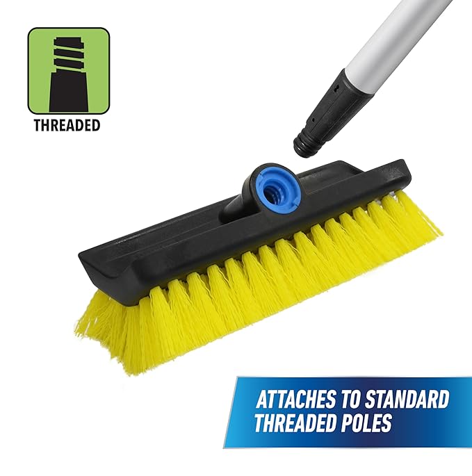 Unger Professional HydroPower Lock-On 10” Bi-Level Scrub Brush, Cleaning Supplies, Scrubber Tool, Compatible with Waterflow Poles, Use in Garage, Driveway, Deck, Concrete, Cement, and Brick