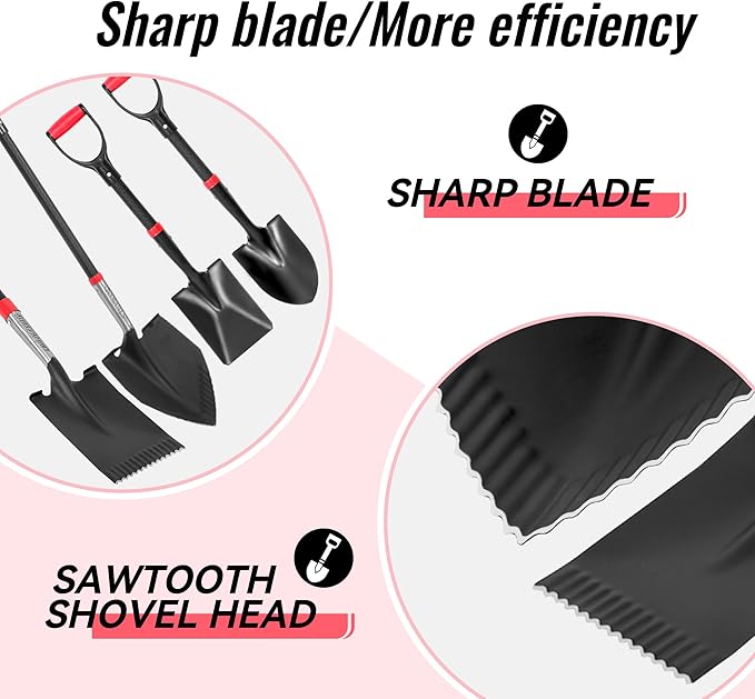 SHARK ATTACK 4-Piece Steel Shovel Set with D-Grip Handles - Multi-Size Garden Shovels with Powder Coating for Digging, Planting & Car Emergency