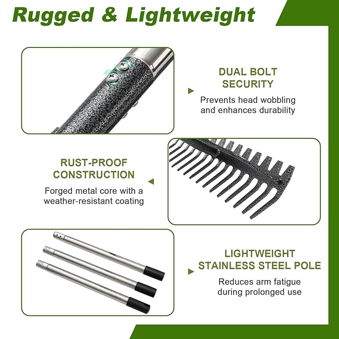 Bow Rake, 65" Heavy Duty Garden Rake with Wide 17 Tines Head & Stainless Steel Handle, Adjustable Rakes for Lawns Yard Loosening Soil Thatching Gathering Leaves Gravel