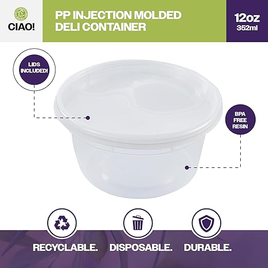 CIAO! 12OZ PP Injection Molded Soup-Deli Container with LLDPE Lid, Microwavable and BPA Free (240/240 combo pack)