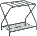 1-Piece Foldable Gray Luggage Rack Stand with Storage Shelf – Heavy Duty Metal Suitcase Holder, 150 lbs Top, 50 lbs Bottom, Fits 20”-28” Luggage – Guest Room, Bedroom, Hotel LR-GY-1