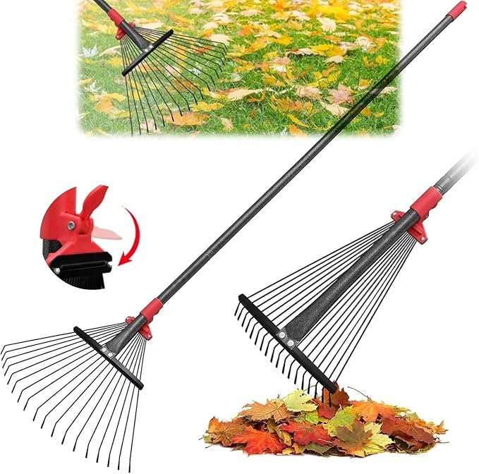 91 Inch Rake for Leaves , Adjustable 18 Tines with Expandable Head 9-18in Grass Rake Heavy Duty Metal Rakes for Women Children Yard Gardener Gardening Grass Debris Lawns