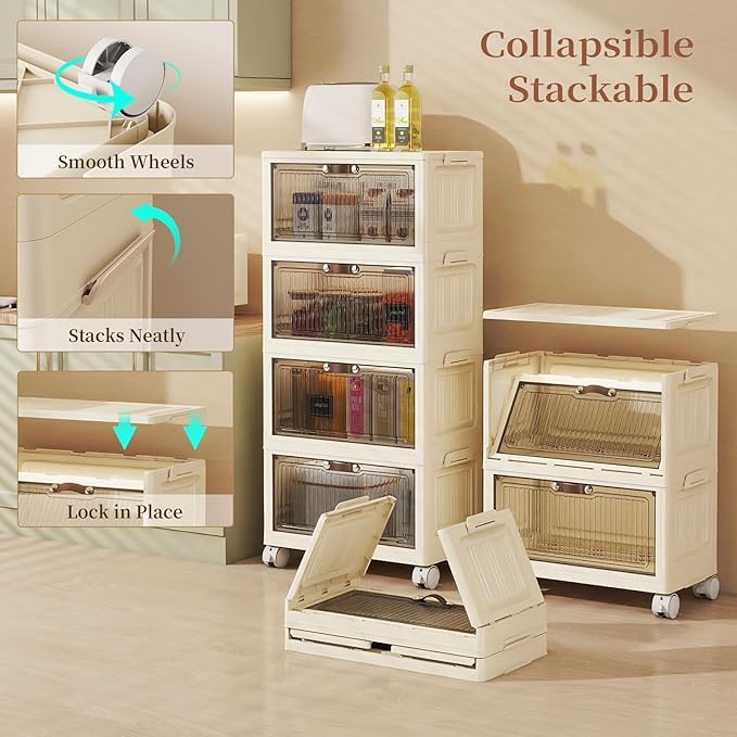 3 Tier - 34QT Storage Bins with Lids, Collapsible Storage Bins with Doors and Wheels, Plastic Storage Cabinet for Easy Storage and Organization for Living Room, Office