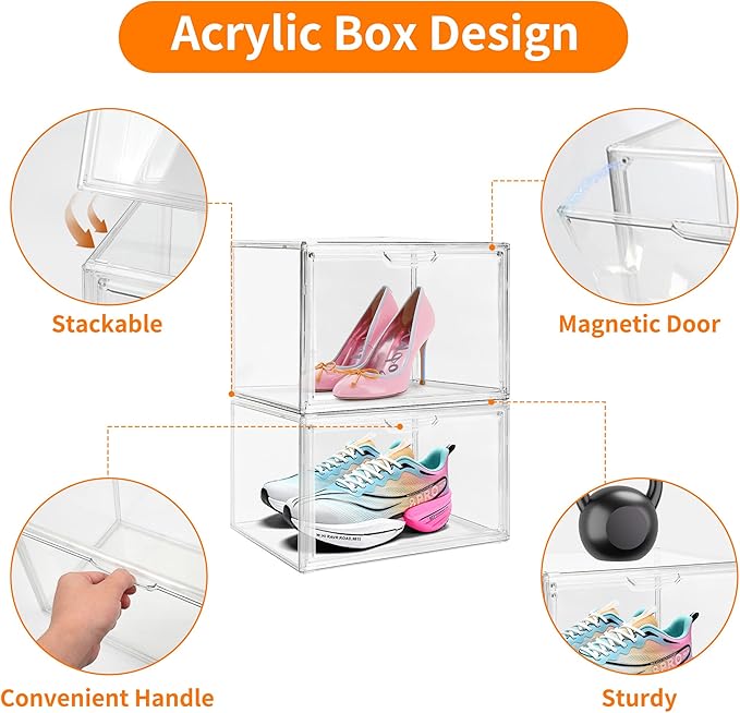 1 Pack Clear Acrylic Sneaker Shoe Display Case,Shoe Storage Boxes Stackable,Acrylic Boxes for Shoes Display with Lid,Boot Storage Organizer for Tall Boot,Purse Handbag Organizer for Closet