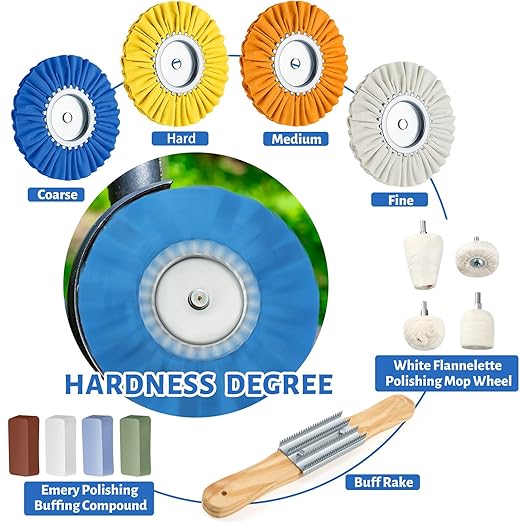 Liliful 15 Pcs 8" Airway Polishing Wheel Kit in Diameter 5/8", Metal Aluminum Buffing Wheel and Polishing Compound and Buffing Drill and Rake Pad for Angle Grinder Mirror Metal Finish (Bright Color)