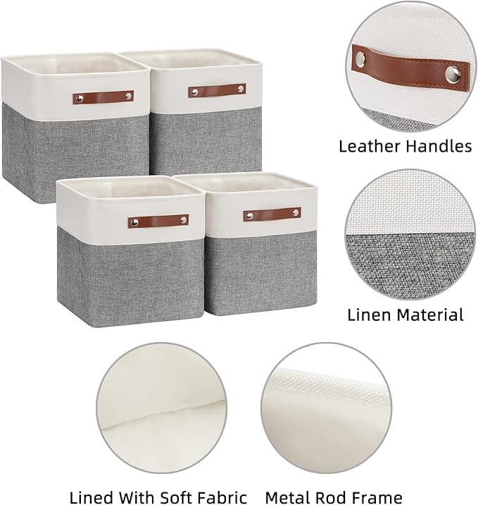 HNZIGE Fabric Cube Storage Baskets Bins Cube Baskets 11x11, Set of 4, Foldable Storage Cube Bin Baskets for Shelves with Handles, Bins for Cube Organizer Home Toy Nursery Closet Bedroom(White Gray)
