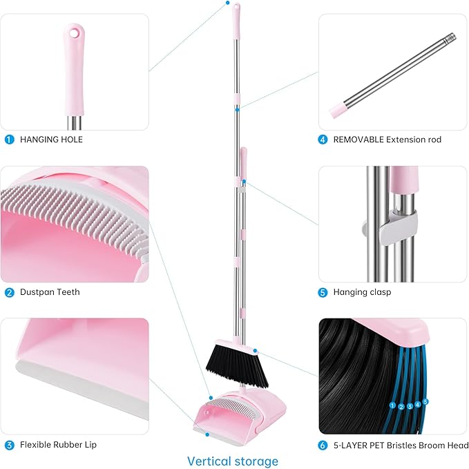 Pink Broom and Dustpan Set, 52” Long Adjustable Handle Broom with Dustpan Combo Set with Dust Pan Teeth to Clean Hair for Home Lobby Office
