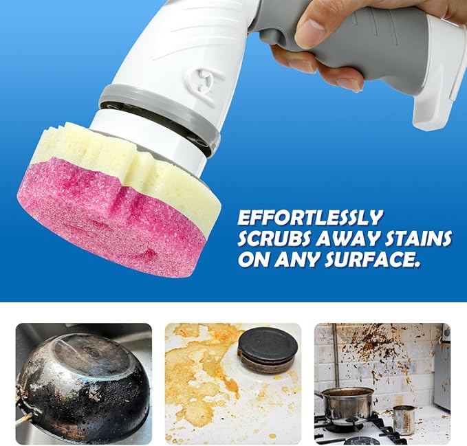 LANMU Electric Spin Scrubber Wand Compatible with Scrub Daddy/Mommy with Soft Silicone Sponge Hub, Power Cleaning Brush,5 Replaceable Heads, Ergonomic Handle for Oven, Stove, Sink, Shower, Tub, Tile