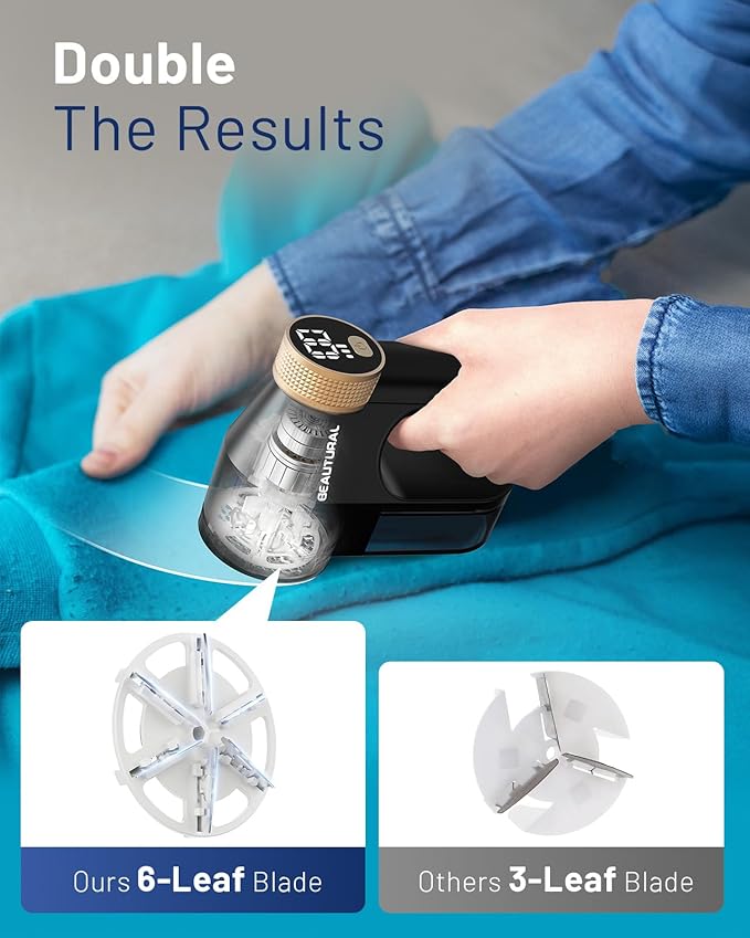 BEAUTURAL Fabric Shaver, Rechargeable Lint Remover, Electric Portable Sweater Defuzzer with 3 Speeds, 6 Leaf Blades, Digital LED Display, Remove Pilling for Clothes, Furniture, Sweater, Couch, Blanket