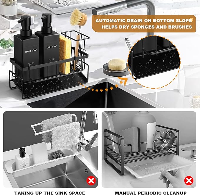 GMISUN Dish Soap Dispenser, 12 fl oz / 350 ml Dual Kitchen Soap Dispensers with Sponge Holder, Customized Matte Black Kitchen Soap Dispenser Set, Modern Hand and Dish Soap Bottle Set Removable