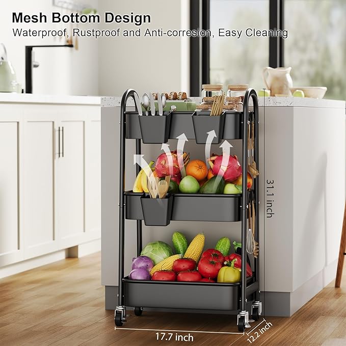 3 Tier Metal Rolling Cart with Lockable Wheels, Heavy Duty Three Tiered Baby Cart Organizer on Wheels, Black Utility Storage Trolley Carts for Art, Craft, Snack, Nursery, Diaper,Cleaning Supplies,Mesh