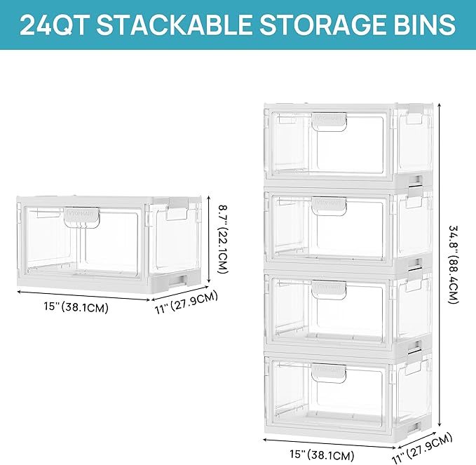 Vtopmart 8 Pack Stackable Storage Bins with Lids,24QT Clear Foldable Closet Organizer with Front-Open Doors,Plastic Storage Containers for Living Room, Bedroom, Craft Room, Dorm Organization