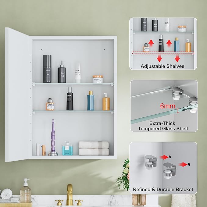 Buruis 20" x 28" Framed Medicine Cabinet with Mirror, Recessed or Wall Mounted Bathroom Cabinet, Adjustable Tempered Glass Shelves, Left/Right Open Reversible, No Assembly Required, White