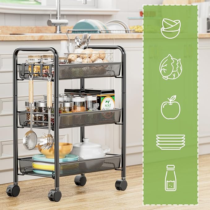 JANE EYRE 3-Tier Rolling Utility Storage Rack Cart on Wheels, Trolley Craft cart, Multi-Purpose Organizer Shelf, Black