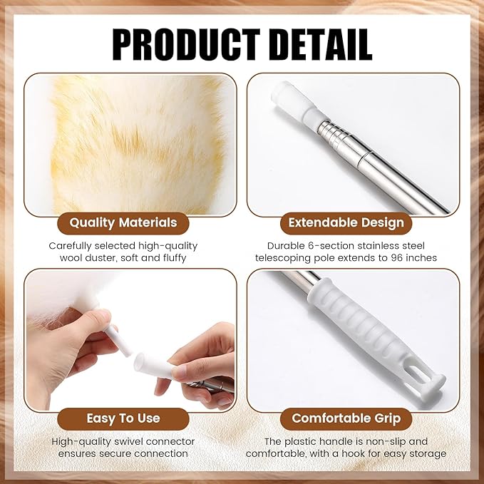 Remerry Extendable Lambswool Duster 30-96 Inch with Stainless Steel Handle Removable Head Multi-Surface Cleaning Tool for Ceiling Fan, Window, Roof, Wall, Furniture, Bookshelf, Home, Office