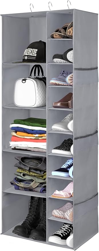 Libeder Shoe Organizer for Closet, 15 Shelf Hanging Closet Storage Shelves - 10 Shoe Rack Organizer and 5 Compartment for Clothes with 6 Side Mesh Pockets for Scarves Socks,Gloves Grey