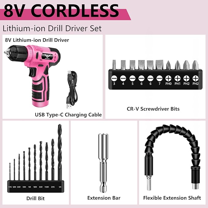 8V Cordless Drill, Drill Set with 3/8"Keyless Chuck, Built-in LED, Type-C Charge Cable, 12N.m, Variable Speed Trigger, Pink Electric Screwdriver for DIY- Women