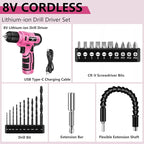 8V Cordless Drill, Drill Set with 3/8"Keyless Chuck, Built-in LED, Type-C Charge Cable, 12N.m, Variable Speed Trigger, Pink Electric Screwdriver for DIY- Women