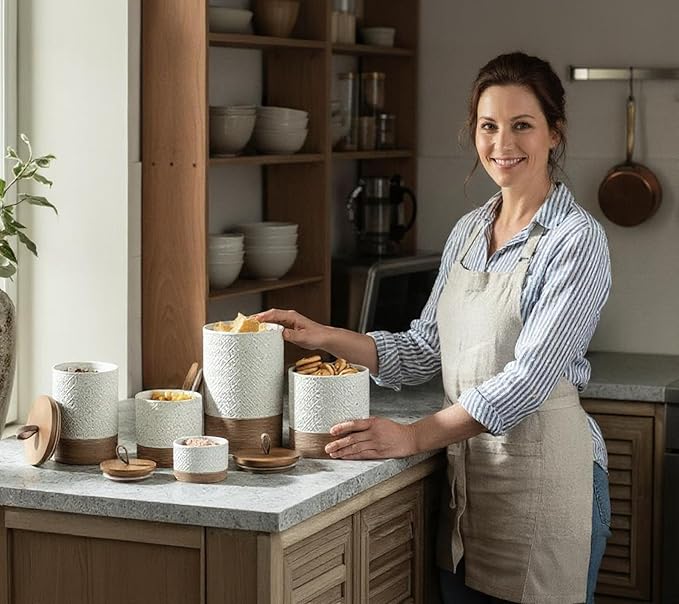 Ceramic Coffee Container Kitchen Food Storage Jars for Spice Sugar Tea Bag, Stackable Farmhouse Jars for Kitchen Pantry - Coffee Bar Accessories Housewarming Weeding Gift - White & 42 fl.oz