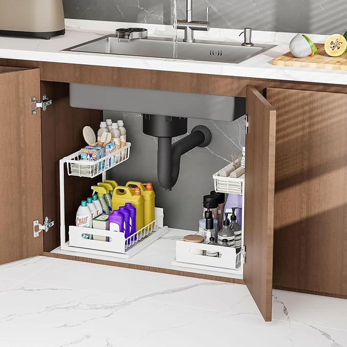 Under Sink Organizers and Storage 2 Tier Slide Out Kitchen Cabinet Organizer Sturdy Metal Bathroom Storage (White, 2 Pack)