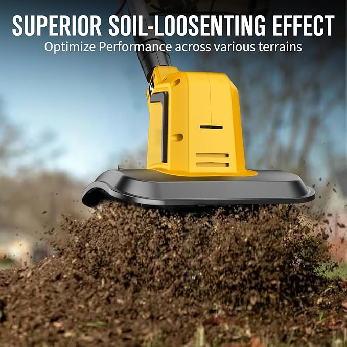 Powerful Cordless Tiller Cultivator with 720RPM Brushless Motor, 2x5.0Ah Batteries&1.5A Fast Charger, 10In Tilling Width and 7In Depth, Super Power Electric Garden Tiller Battery Powered