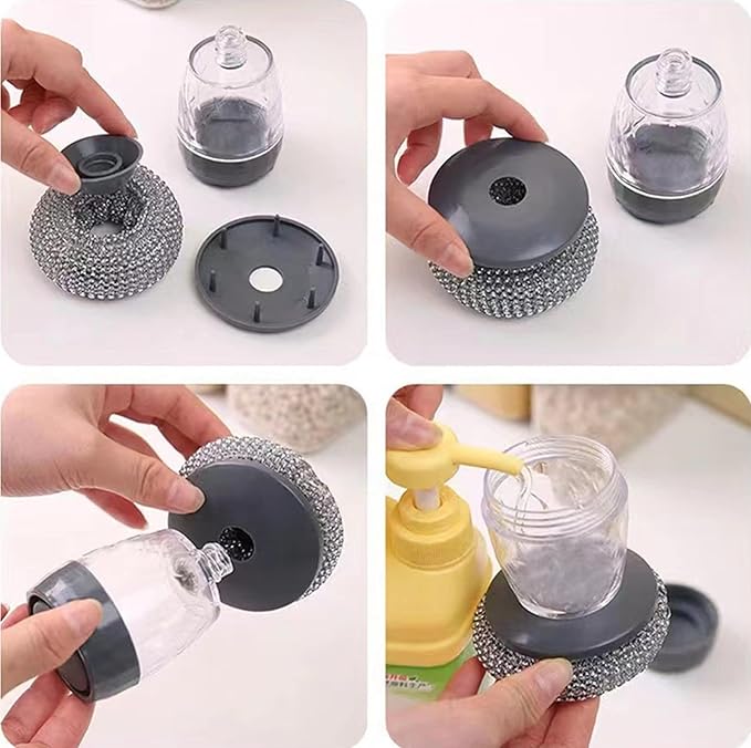 Steel Wool Scrubber with Soap Dispenser for Dish Sink Pan Stove Kitchen, Stainless Dishwashing Scouring Pad, Dispensing Heavy Duty Brush Scourer Cast Iron 2+2