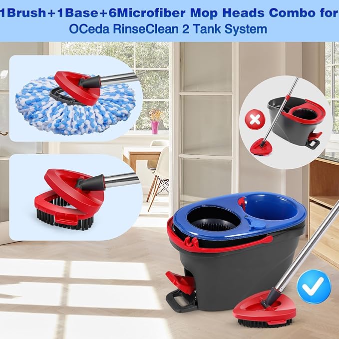 Mop Replacement Heads 6 Pcs & 1 Scrub Brush & 1 Base Combo,Spin Mop Replacement Head for Ocedar RinseClean 2-Tank System,Easy Cleaning,Microfiber,Machine Washable for Bathroom,Kitchen,Tub and Tile
