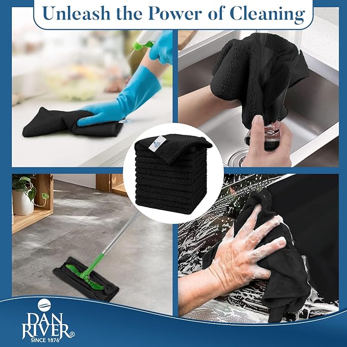 DAN RIVER 12-Pack Black Microfiber Towels – Ultra Absorbent, Lint-Free & Streak-Free Cleaning Rags for Home, Car & Kitchen - Must-Have Cleaning Essentials - 12" x 12"