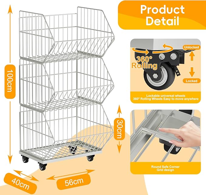Heavy Duty Standing Metal Shelving Unit, Wire Storage Basket with Wheels, Folding Shoe Racks, Clothing Sweaters Shoes Handbags Organizer for Kitchen Garage Pantry Porch (3-Tier with Base)
