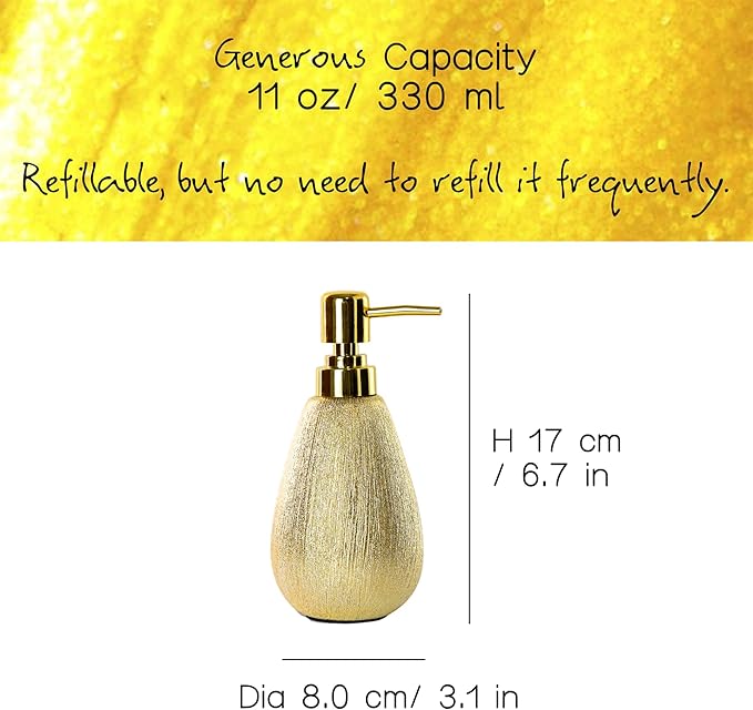 Brushed Gold Ceramic Soap Dispenser 2 Pack, 11 oz Textured Hand or Dish Soap Dispenser with Golden Plastic Pump for Bathroom or Kitchen Countertop
