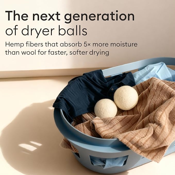 Vove Natural Hemp Dryer Balls Kit with Scent Drops - 4 Pack & Essential Oil Blend - 5X More Absorbent Than Wool - Natural Softener, Reduces Wrinkles and Static, Customizable Fresh Scent, Reusable