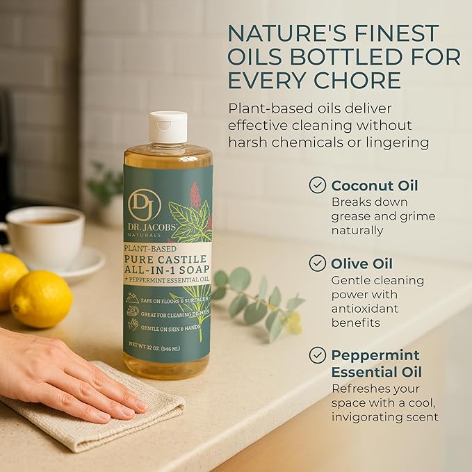 Dr. Jacobs Naturals Peppermint Castile All-in-One Cleaner and Soap - Plant-Based Formula for House Cleaning Floors and Appliances - Gentle on Skin and the Planet - 32 oz, 2 Pack