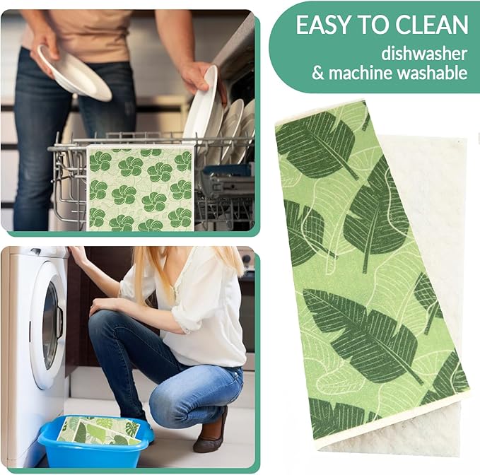 6 - Pack Swedish Kitchen Dish Cloths - Reusable Paper Towels for Counters & Dishes - Eco Friendly Cellulose Sponge Cloth - Assorted (Botany)